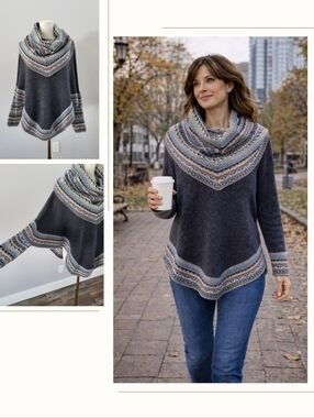 Alpaca Wool Poncho Sweater Fair Isle Cowl Neck Small Boho Cozy